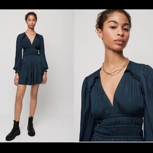 Maje Navy Flowing Satin Dress With Ruffles- 36